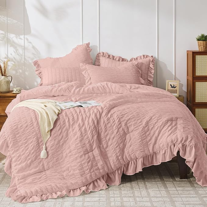 JOLLYVOGUE Twin Size Comforter Set, 2 Pieces Rose Gold Seersucker Lightweight by JOLLYVOGUE
