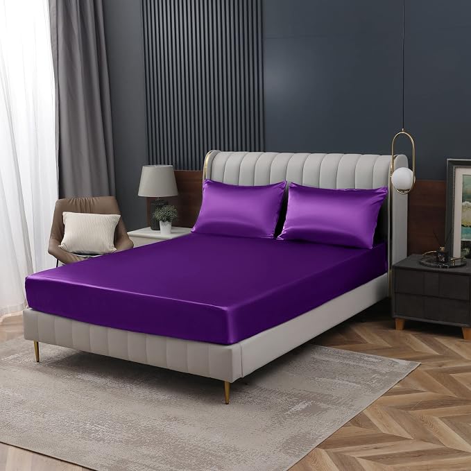 Homiest Purple Satin Fitted Sheet King Size, Deep Pocket, Luxury & Ultra Soft - Image 9