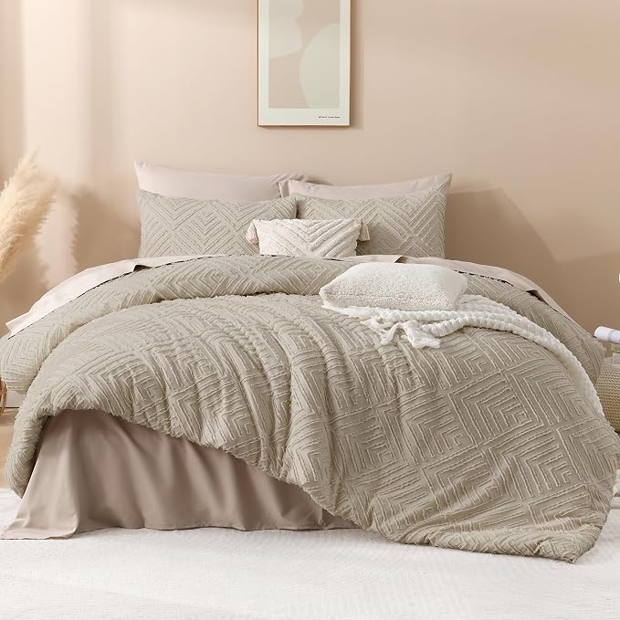 Andency Oatmeal King Size Comforter Set, 3 Pieces Boho Bedding Set & Collections - Image 2