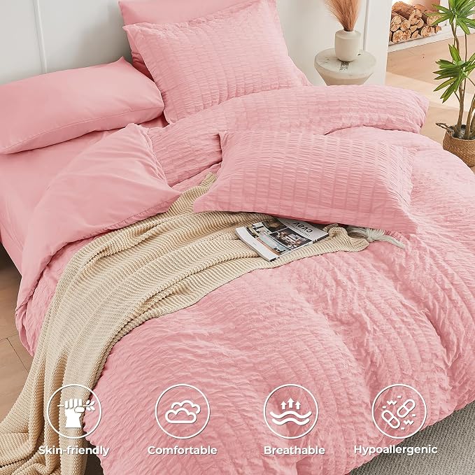 HYMOKEGE Rose Pink Twin Comforter Set Seersucker 5 Pieces, All Season Luxury - Image 3