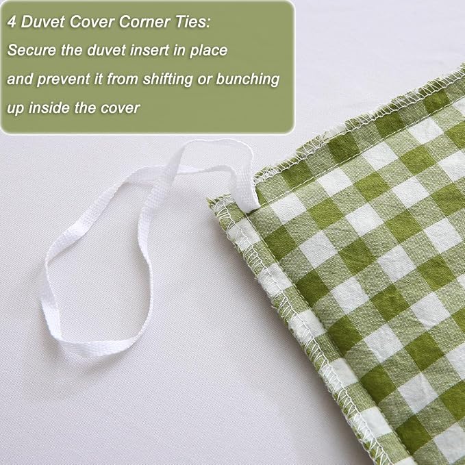 Silnuo Olive Green/White Checkered Ruffle 3-Piece Duvet Cover Set Queen Size - Image 7