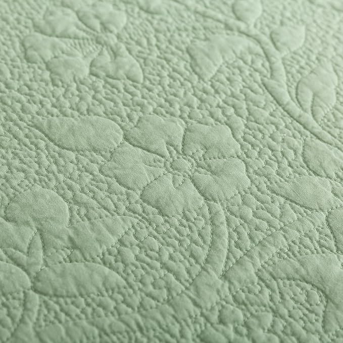 Brandream Luxury King Quilt Set Cotton Sage Green Floral Vine Stitching - Image 9
