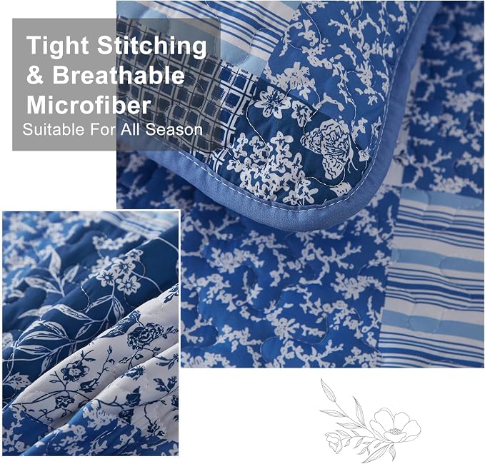 Mybedsoul Blue Boho Quilt Set King Size, 3 Pieces Plaid Floral Bedspread - Image 3