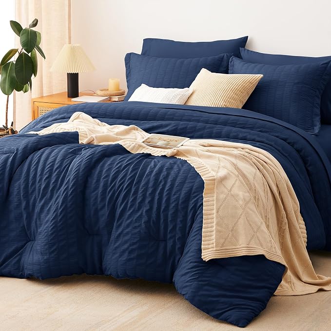 CozyLux Oversized Queen Comforter Set Navy Blue Seersucker 7 Pieces 98x98 Bed by CozyLux