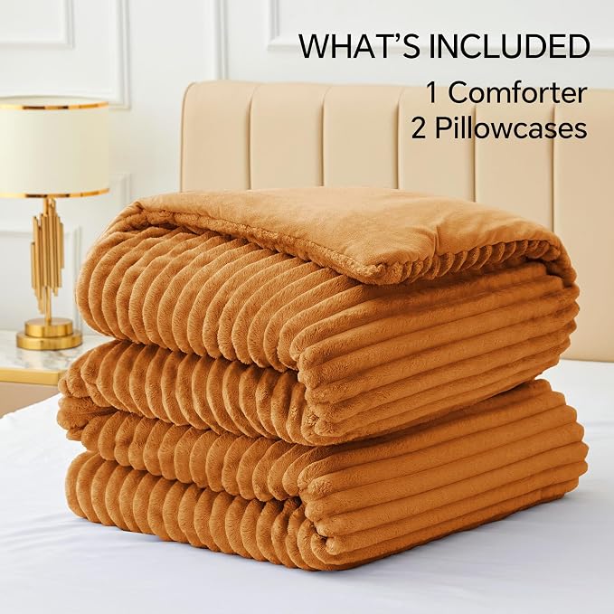 BEDELITE Fleece Queen Comforter Set -Super Soft & Warm Fluffy Rust Orange - Image 7
