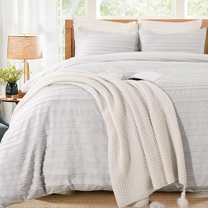 NEXHOME PRO Duvet Cover Queen, Light Grey 3 Pieces Boho Tufted Duvet Cover Set by NEXHOMEPRO