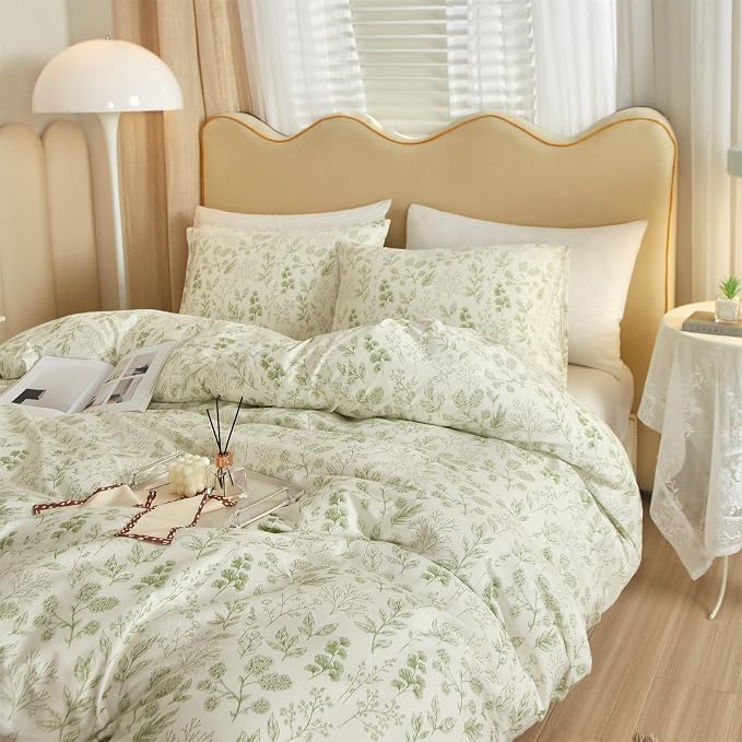 mixinni 3pcs Girls Boho Green Floral Duvet Cover Set King Size Cotton Soft - Image 2