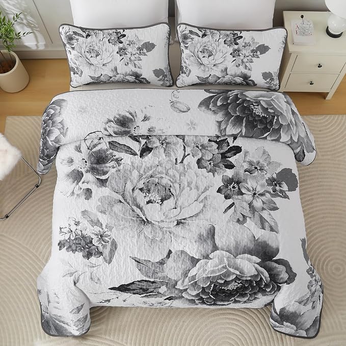 WONGS BEDDING Grey Boho Floral Quilt Set King, 3 Pieces Elegant Gray Flower - Image 3
