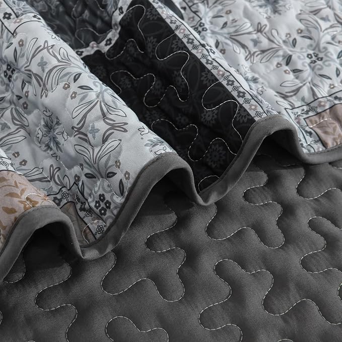 Xruibed Grey Quilt Set King Size 3 Pieces Plaid Floral Boho Bedspread Coverlet - Image 7