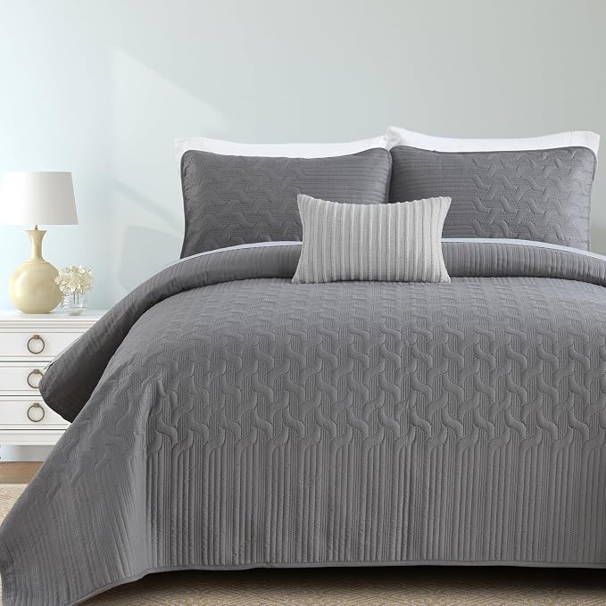 Yiran Grey Quilt Set Queen Size Lightweight Bedspread Ultrasonic Wave Pattern by Yiran
