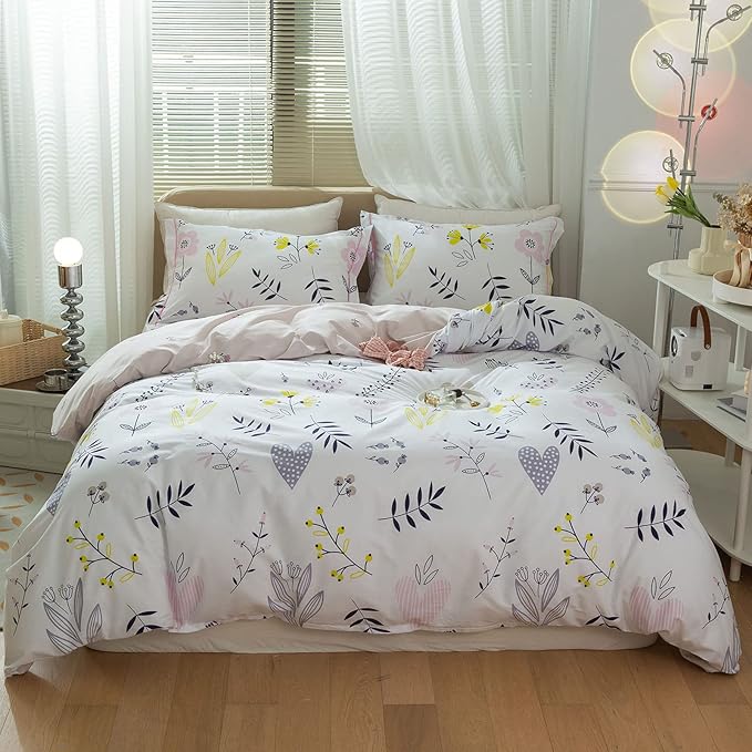 mixinni Garden Style Floral Duvet Cover Queen Size Teenage Girls Flower Leaf by mixinni