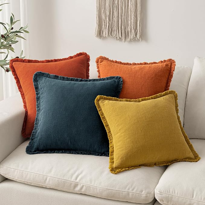 MIULEE Decorative Throw Pillow Covers Neutral Linen Fringe Throw Pillows Euro - Image 5