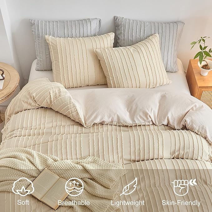 WARMDERN Tufted Duvet Cover Set King Size, Khaki Striped Textured Boho Bedding - Image 3
