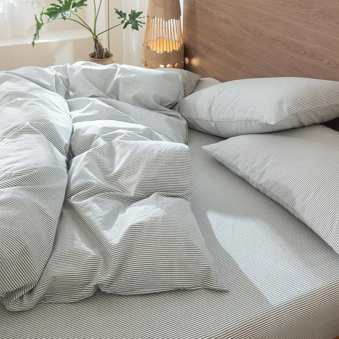 MooMee Striped Duvet Cover Set 100% Washed Cotton Linen Like Textured - Image 8
