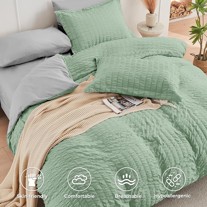 HYMOKEGE Sage Green/Light Grey California King Comforter Set Seersucker 7 Pieces - Image 3