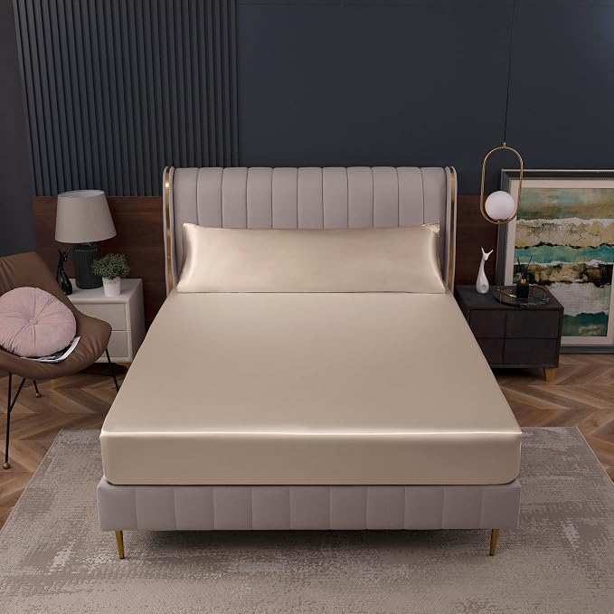 Homiest Taupe Satin Fitted Sheet King Size, Deep Pocket, Luxury & Ultra Soft - Image 8