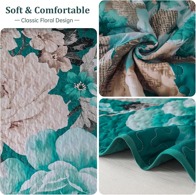 WONGS BEDDING Teal Boho Floral Quilt Set Queen, Elegant Flower Bedspread - Image 5