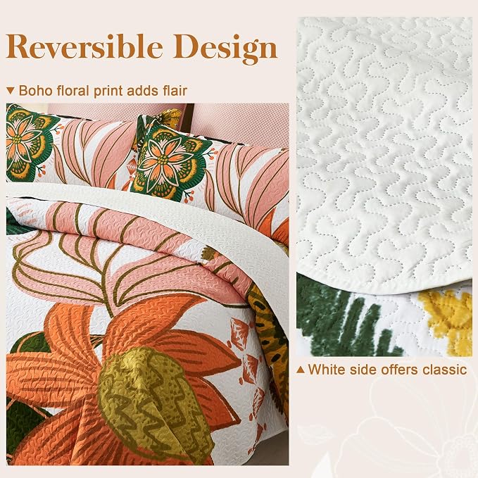 Tyrot 3 Piece Boho Floral Californial King Size Quilt Sets Farmhouse Reversible - Image 3