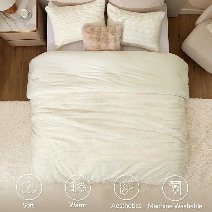 BEDELITE Fleece Queen Comforter Set -Super Soft & Warm Fluffy Cream White Faux - Image 3