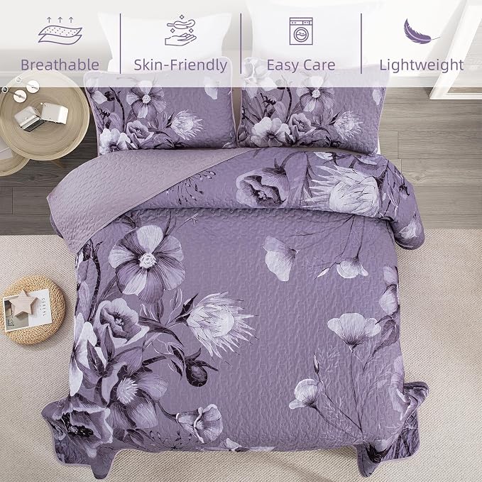 Floral Quilt Set Queen 3 Pieces Dark Purple Boho Flower Quilt Coverlet Set Soft - Image 5