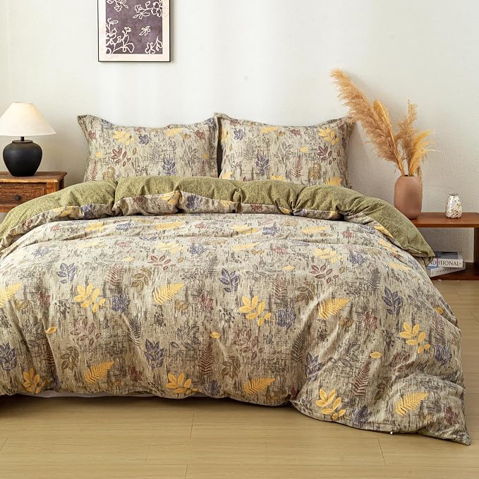 OAITE Green Leaves Queen Size Duvet Cover-3 Pieces Prewashed Cotton-Like by OAITE