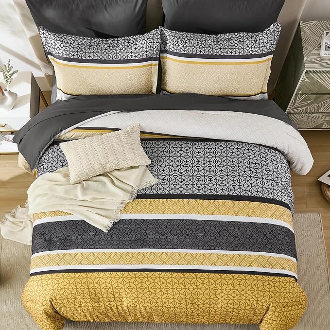 WONGS BEDDING Yellow Grey Queen Comforter Set 7 Pieces, Boho Striped Bed in a - Image 3