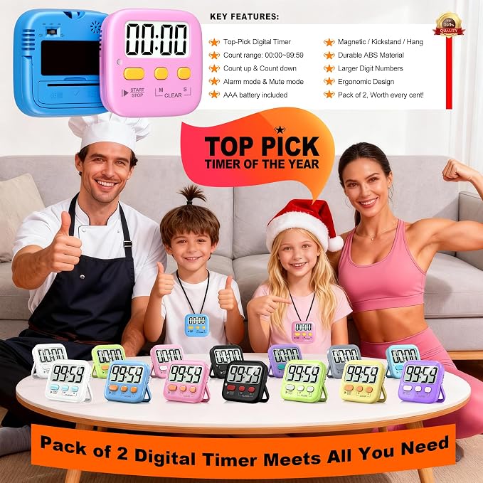 Antonki 2 Pack Digital Timer for Kids, Magnetic Countdown Kitchen Timers for - Image 8