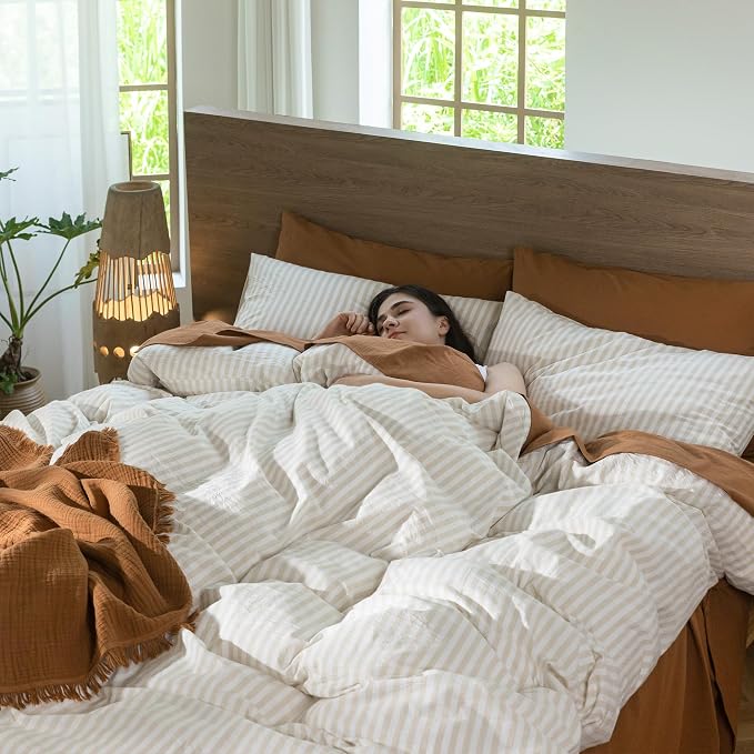 MooMee Striped Duvet Cover Set 100% Washed Cotton Linen Like Textured - Image 6