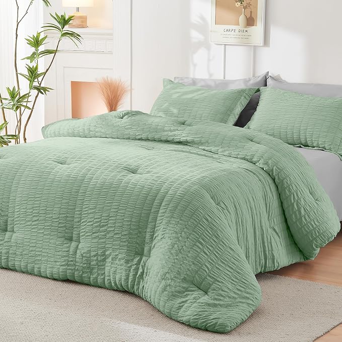 HYMOKEGE Sage Green/Light Grey Twin XL Comforter Set Seersucker 5 Pieces - Image 8