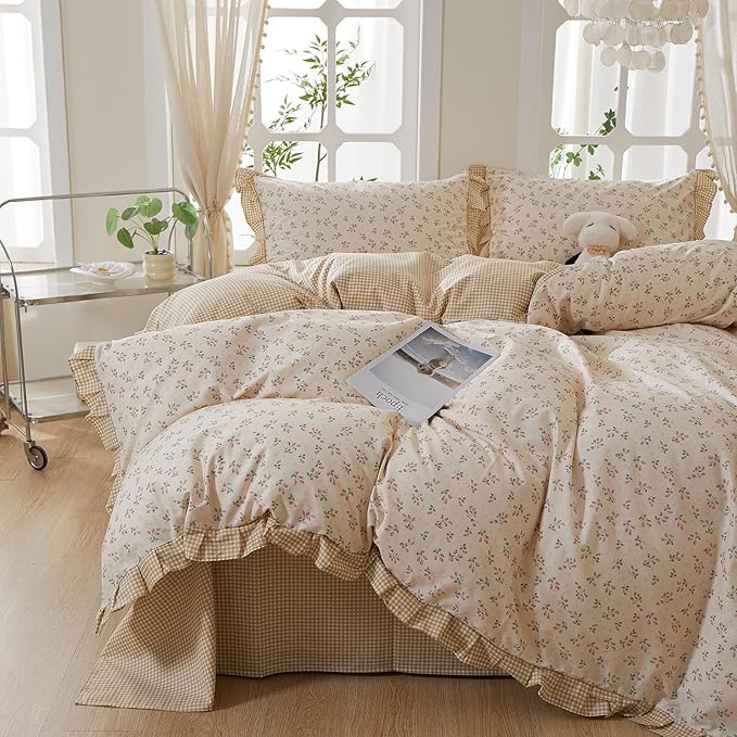 mixinni Beige Floral Duvet Cover Full Size, 100% Cotton Cute Strawberry Floral by mixinni