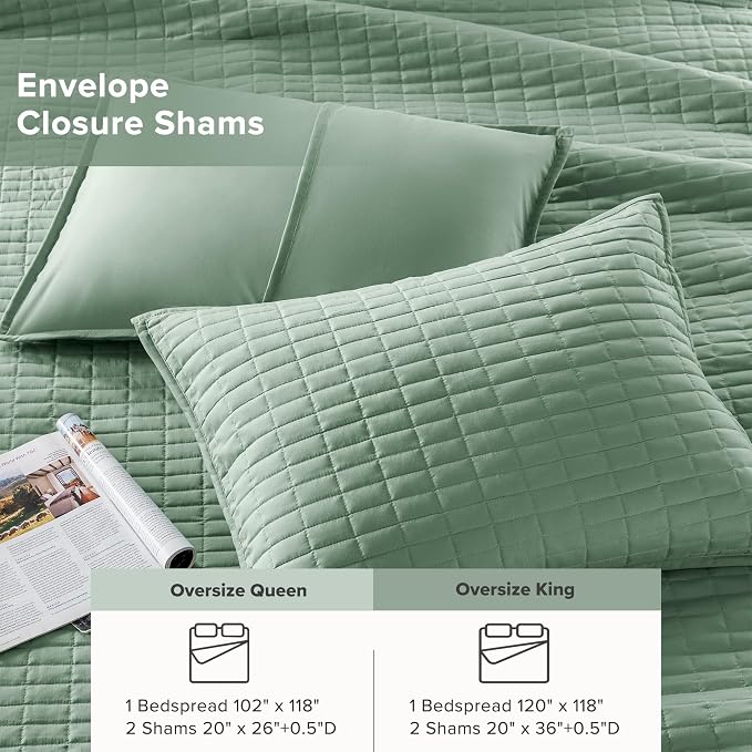 Comfort Spaces Sage Green Oversized King Quilt Set 120"x118" Bedspread Quilted - Image 5
