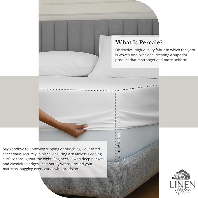Linen Home 100% Cotton Percale Sheet Set, Queen Size, Deep Pocket, 6 Pieces Set - Image 4