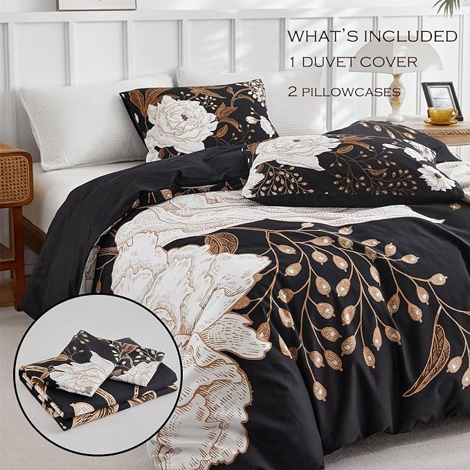 MKXI Bold Floral Black Duvet Cover Full Bedding Set Luxurious Premium Cotton - Image 3