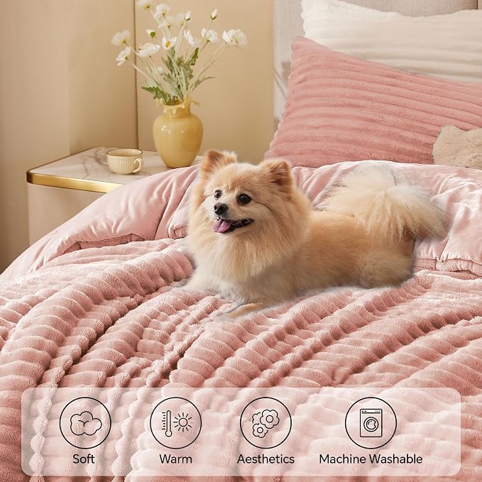 BEDELITE Fleece King Comforter Set -Super Soft & Warm Fluffy Dusty Pink Bedding - Image 3