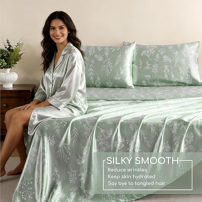 MR&HM Satin Bed Sheets with Elastic Corner Straps, Queen Size Sheets Set - Image 4