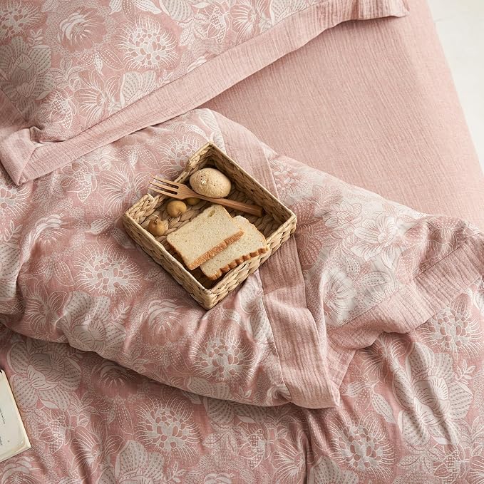 mixinni Duvet Cover Queen, Premium Cotton Double-Layer Yarn Pink Floral - Image 5