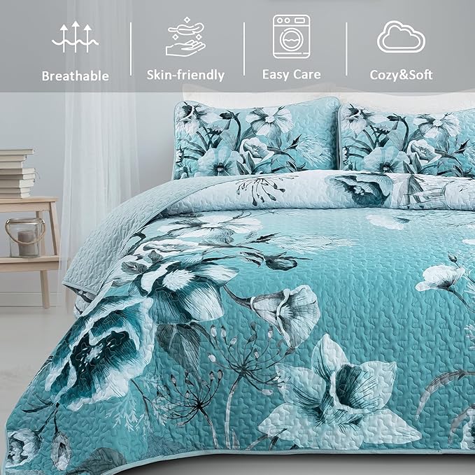 Blue Floral Quilt Set King Size 3 Pieces Boho Flower Quilt Coverlet Set Soft - Image 3