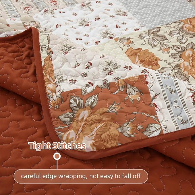 Patchwork Quilts Set Queen Size 3 Pieces Terracotta Plaid Bedspread Coverlet Set - Image 6