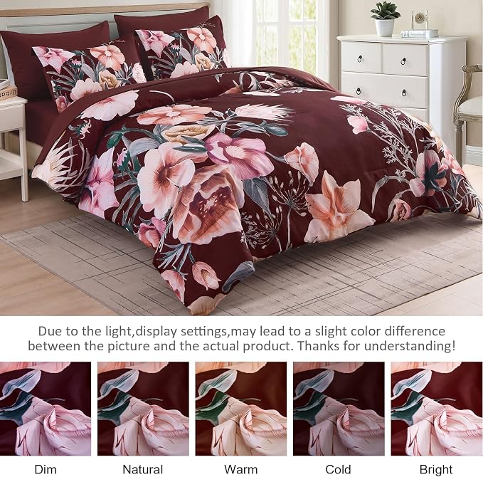 Luxudecor Burgundy Floral Comforter Set Queen Size 7 Piece, Flower Bed in a Bag - Image 8