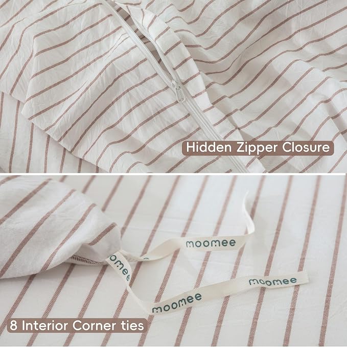 MooMee Striped Duvet Cover Set 100% Washed Cotton Linen Like Textured - Image 7