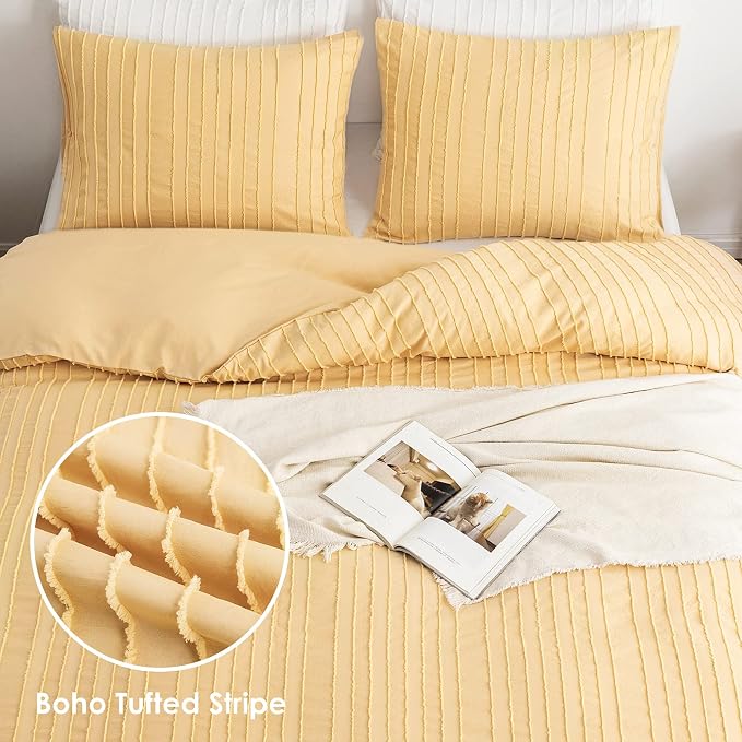 WARMDERN Yellow Boho Duvet Cover Set King Size, Striped Textured Duvet Cover - Image 2