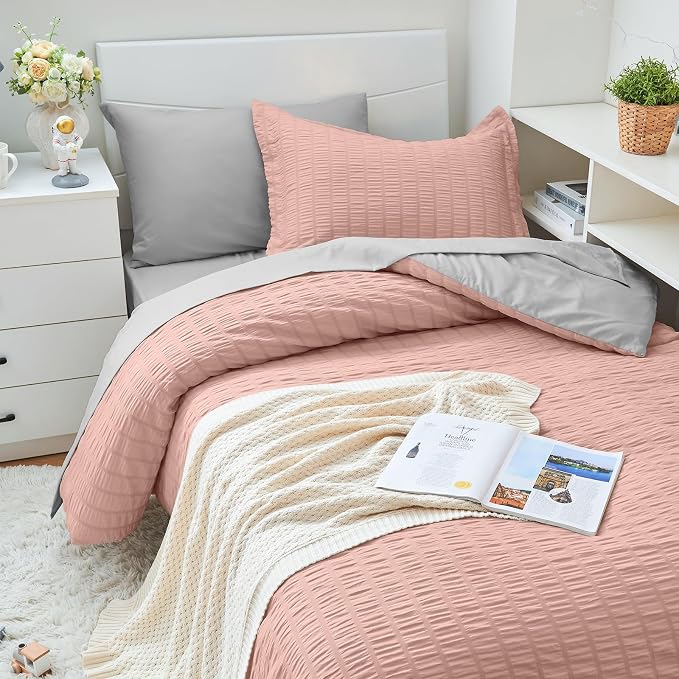 HYMOKEGE Rose Gold/Light Grey Twin XL Comforter Set Seersucker 5 Pieces - Image 2