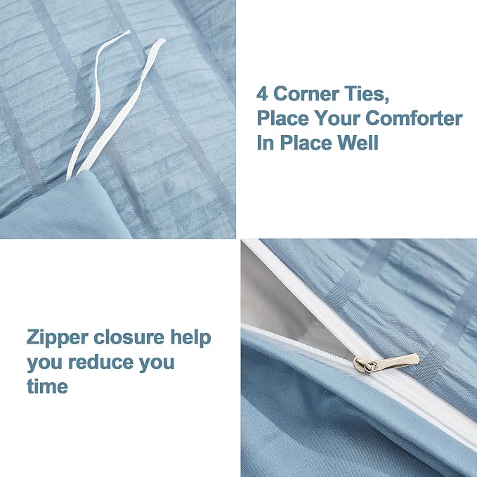 AveLom Grayish Blue Duvet Cover Full, 3 Pieces, Seersucker Tripe Soft Washed - Image 4