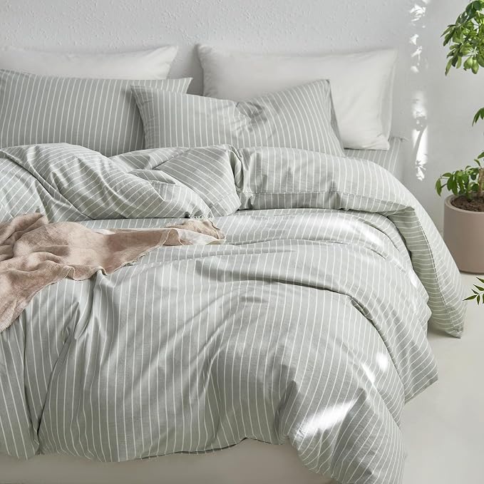 MooMee Striped Duvet Cover Set 100% Washed Cotton Linen Like Textured - Image 5