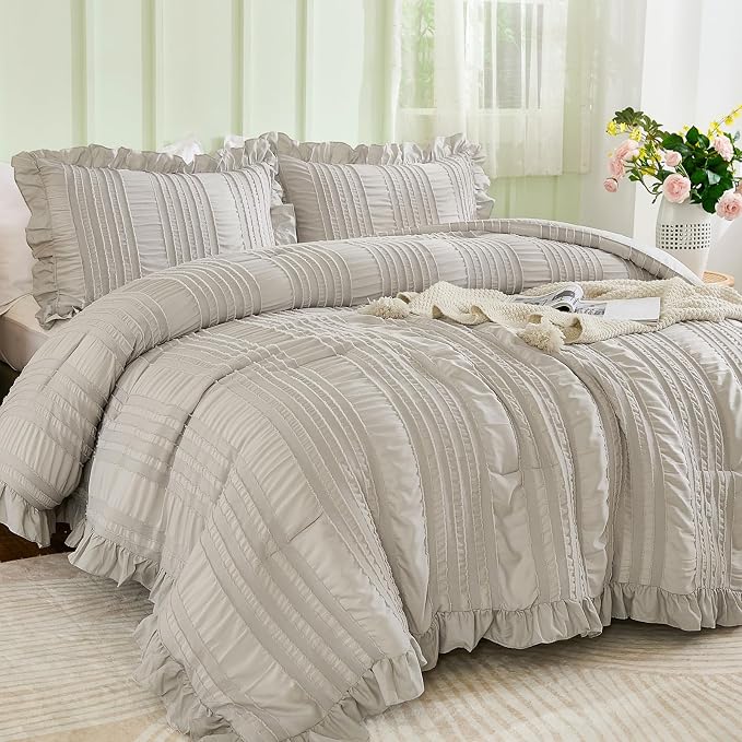 WONGS BEDDING Grey Textured Comforter Set Queen, 3 Pieces Ruffle Farmhouse - Image 2