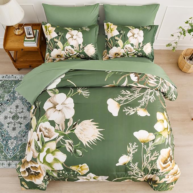 Luxudecor Floral Comforter Set King Size 7 Piece, Olive Green Flower Bed in a - Image 3