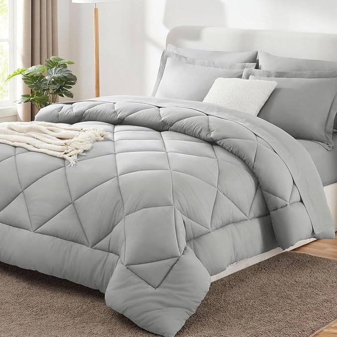 CozyLux Oversized Queen Comforter Set Light Grey, 7 Pieces Bed in a Bag by CozyLux
