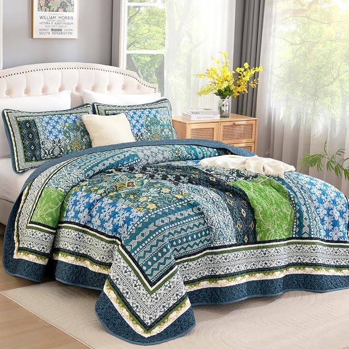 WONGS BEDDING Teal Quilt King Size, 3 Pieces Boho Patchwork Quilt Soft Coverlet - Image 2