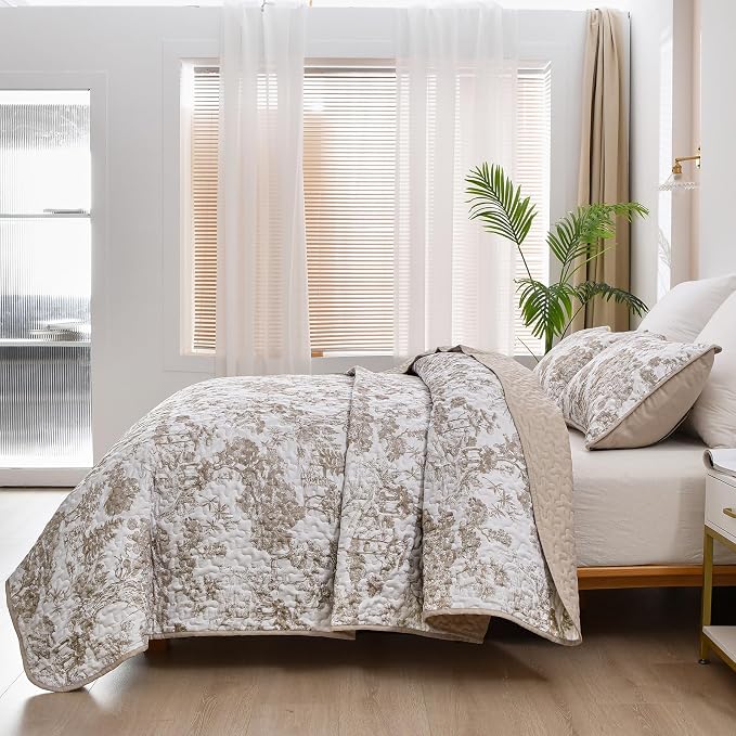 WONGS BEDDING Botanical Quilt Set California King Size, Khaki 3 Pieces Toile - Image 4