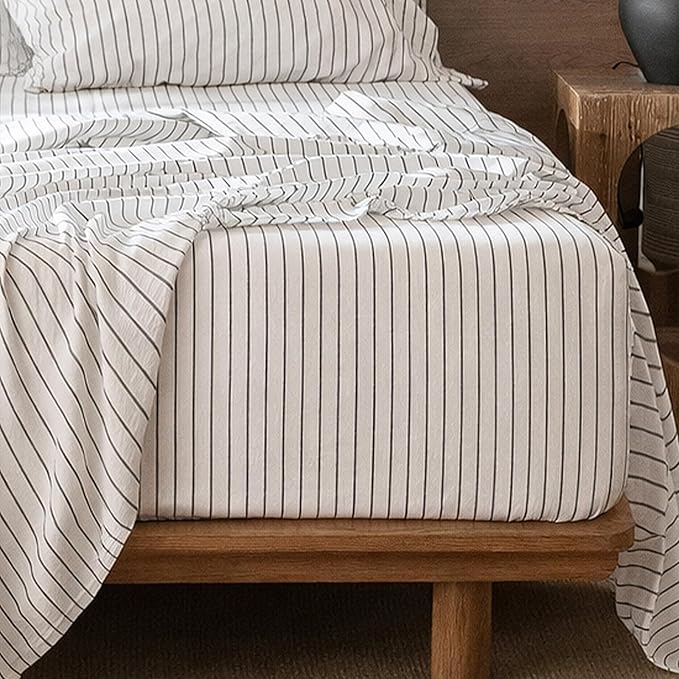 MooMee Fitted Bottom Sheet Only 100% Washed Cotton Linen Like Textured by MOOMEE